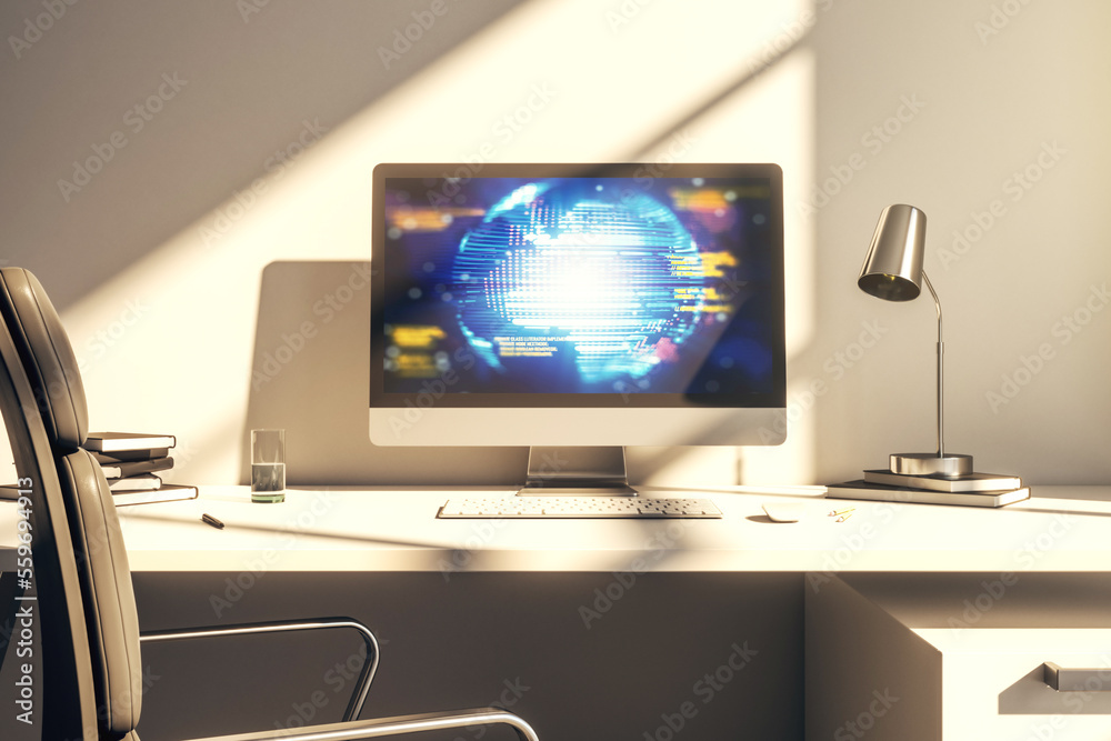 Aufkleber Abstract creative coding concept with world map on modern laptop screen. 3D Rendering