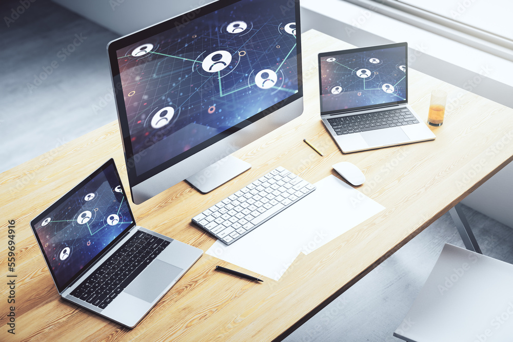 Poster Modern computer display with social network icons concept. Networking concept. 3D Rendering