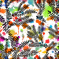 Branches with long rounded leaves seamless pattern. Hand drawn black brush botanical ornament with small dots. Hand drawn vector twigs. Dry brush style floral motives.