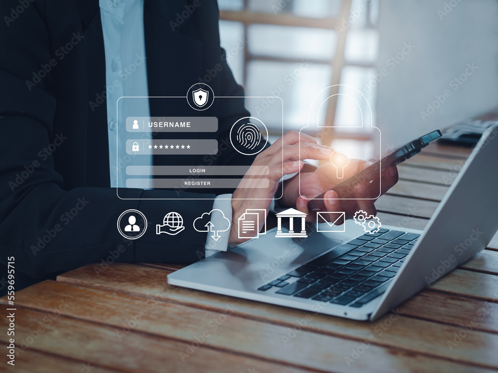 Poster cybersecurity system technology, login and password, confidential data security and secured internet