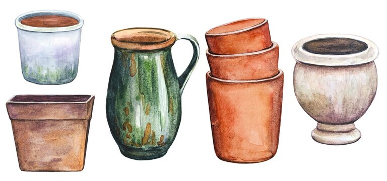 Collection of vintage flower pots, watercolor