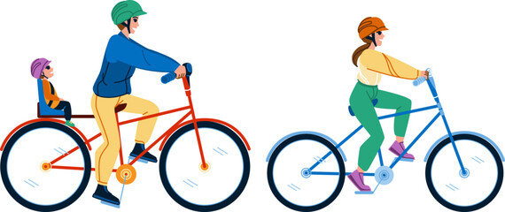 family cycling vector. bicycle man, lifestyle bike, child sport, ride kid, park active, happy father family cycling character. people flat cartoon illustration
