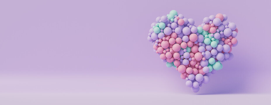 Multicolored Balloon Love Heart. Pink, Violet and Turquoise Balloons arranged in a heart shape. 3D Render with copy-space. 