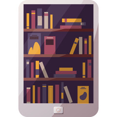 bookshelf with books in the Electronic reader Bookstore, bookshop, e-book, library, book lover, education concept. Isolated vector illustration