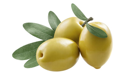 Delicious green olives with leaves, isolated on white background