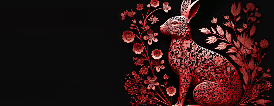 Chinese New Year Banner with Elegant Rabbit and Flowers. Red and Black Paper Craft design with copy-space.
