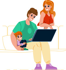family laptop vector. home man woman, computer together, children internet, boy online family laptop character. people flat cartoon illustration