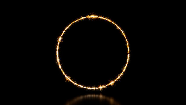 Circle Shape as a Sparkler Firework Frame. Gold and Black Holiday Background with copy space.