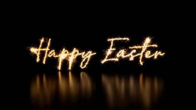 Holiday Banner with Happy Easter Text on Black. Gold Sparkler Firework Caption with copy space.