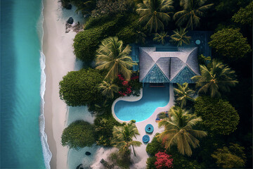 Obraz na płótnie Canvas Aerial View of a Tropical Beach With a Villa Behind the Shore Surrounded By Trees With Waves Crashing on the Shore