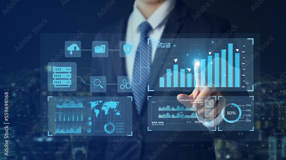 Poster data management system (dms) and data analysis. businessman working on a virtual computer connected 