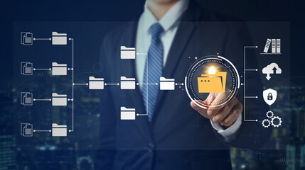 Data Management System (DMS).online documentation database and process automation to efficiently manage files, Businessman clicks on protected document connected. digital file storage system.