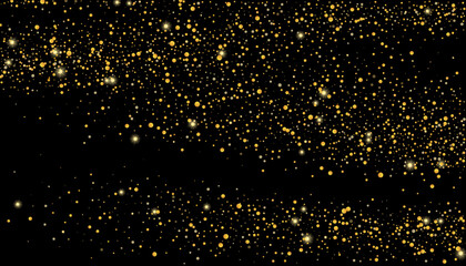 Gold glitter confetti on a black background. Shiny particles scattered, sand. Decorative element. Luxury background for your design, cards, invitations, vector