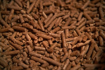 Wooden pellets storage. Alternative fuel concept. Heating household with renewable eco energy. Pressed sawdust for warming water and interiors.