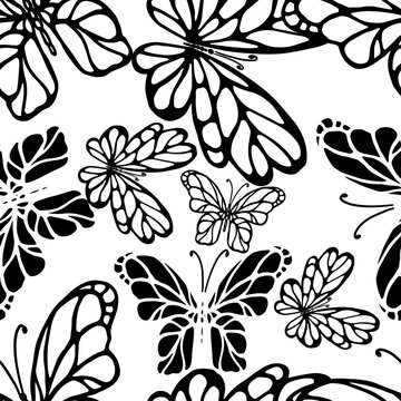 Butterflies black and white seamless graphic pattern. Vector illustration
