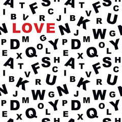 Geometric seamless pattern vector. Word Love and black letters backdrop illustration. Abstract wallpaper, graphic background, fabric, textile, print, wrapping paper or package design.