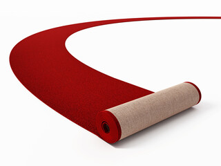 Rolling red carpet isolated on white background. 3D illustration