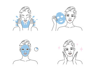 Beautiful young woman take skin care about her face and facial sheet mask procedure at home. Linear logo minimalist style.  