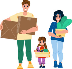 family moving vector. home happy, house new, father mother child, woman man, cardboard girl family moving character. people flat cartoon illustration
