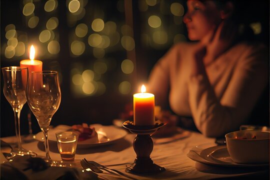 Romantic dinner, Couple celebration with champagne, candle light on table (Ai generated)
