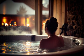 Spa pool, woman relaxing in hot bathtub (ai generated) - obrazy, fototapety, plakaty