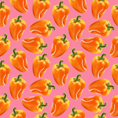 Illustration realism seamless pattern vegetable paprika orange color on a blue background. Sweet bell pepper. High quality illustration