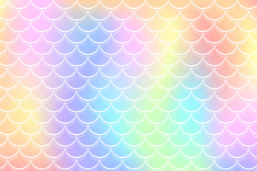 Mermaid holographic background with fish scale pattern. Pink pearl print. Underwater abstract cartoon wallpaper for banner, invitation and holidays. Kawaii vector texture. © Chorna_L