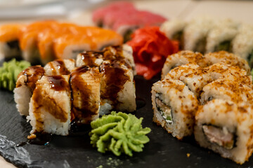 Set of fresh sushi rolls. Japanese seafood