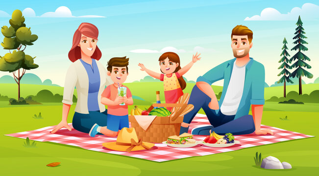 Happy family having a picnic in the park. Dad, mom, son, daughter are resting together in nature vector illustration
