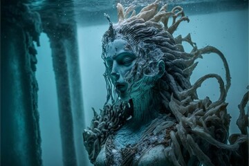Underwater decaying dead mermaid, murky sea, ocean, generatvie AI