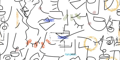 One line drawing. Abstract face seamless pattern.
