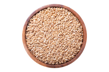 Bowl of barley grains isolated on transparent background, top view