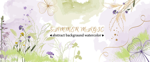 Summer abstract watercolor background with wildflowers