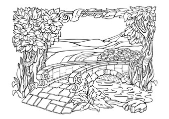 Romantic Secret Garden. Coloring Pages. Anti-stress colouring page. Vector.
