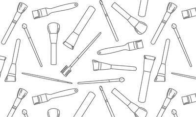 pattern with makeup artist tools in doodle style, poster background with a set of makeup brushes, a banner with a set of face painting brushes on a white background with black lines