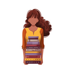 Woman with stack of books. Bookstore, bookshop, library, book lover, bibliophile, education concept. Isolated vector illustration.