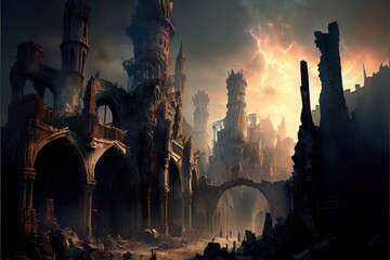 concept art style landscape painting of destroyed medieval fantasy city