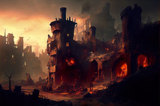 Concept Art Style Landscape Painting Of Destroyed Medieval Fantasy City