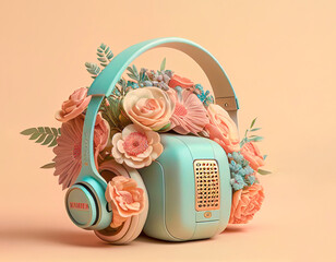 A pastel, Spring concept of a retro, vintage megaphone from which fresh, vivid color flowers explode. Flowers illustration. Generative AI.