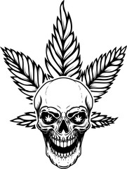 Skull with marijuana leaf. Design element for logo, emblem, sign, poster. Vector illustration