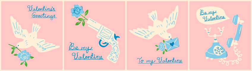 Valentine's Day hand drawn elements such as doves with flowers, a gun and a telephone. Romantic banner, post card or poster design. Hand drawn elements in trendy retro style. - obrazy, fototapety, plakaty