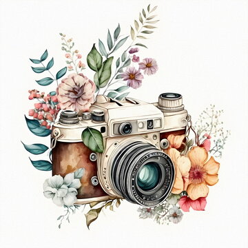 Retro camera in flowers and plants. Hand drawn photo camera. Can be used as print, logo, for cards, wedding invitation