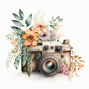 Retro camera in flowers and plants. Hand drawn photo camera. Can be used as print, logo, for cards, wedding invitation  