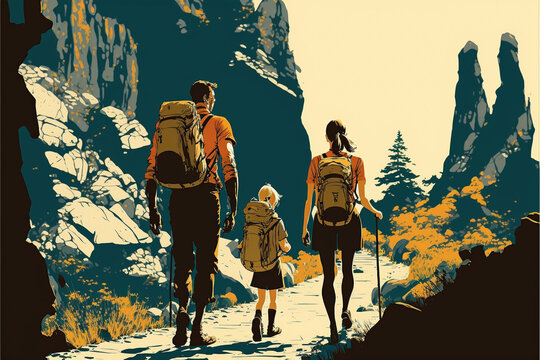 illustration of a family, father mother and child go mountain hiking. Generative AI