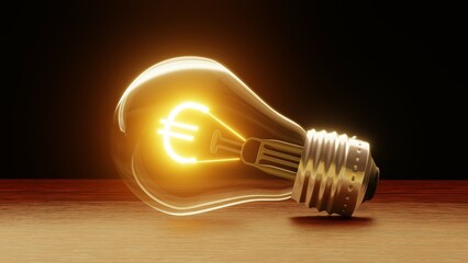 Light bulb with Euro symbol on wooden table and black background. Energy saving, economy, expensiveness, warming, global crisis concept - obrazy, fototapety, plakaty