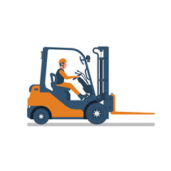 Forklift truck. The driver of the vehicle is driving. Delivery, logistics, and shipping cargo. Vector illustration flat design. Isolated on white background. Template for web and print.