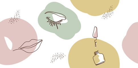 Elegant one-line seamless background of a female abstract face. Drawing eyes, lips in a minimalist style. Fashionable illustration for print,  cosmetics, postcard, banner. A continuous line of art. 