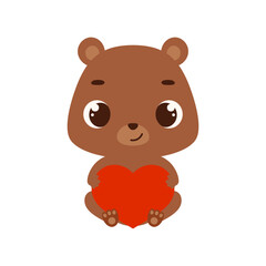 Cute little sitting bear holds heart. Cartoon animal character for kids cards, baby shower, invitation, poster, t-shirt composition, house interior. Vector stock illustration