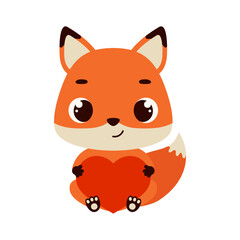 Cute little sitting fox holds heart. Cartoon animal character for kids cards, baby shower, invitation, poster, t-shirt composition, house interior. Vector stock illustration