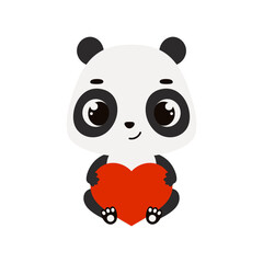 Cute little sitting panda holds heart. Cartoon animal character for kids cards, baby shower, invitation, poster, t-shirt composition, house interior. Vector stock illustration